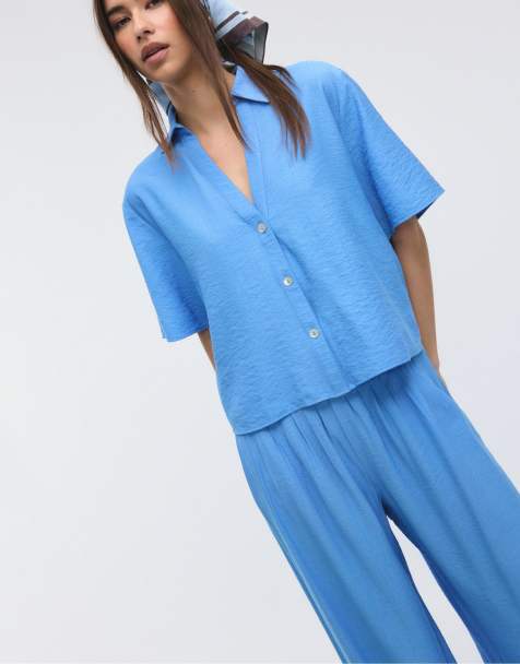 Stradivarius – Palazzo-Hose in Blau mit Abnähern - view 1