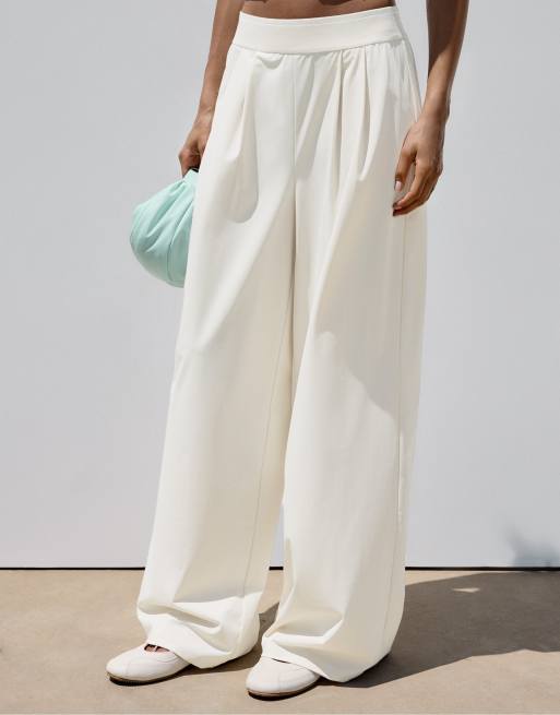 Stradivarius - Palazzo joggingbroek met elastische tailleband in stone, 2 van 4