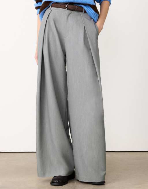 Stradivarius - Pantalon à pinces ultra longues avec ceinture - Gris chiné, 2 de 4