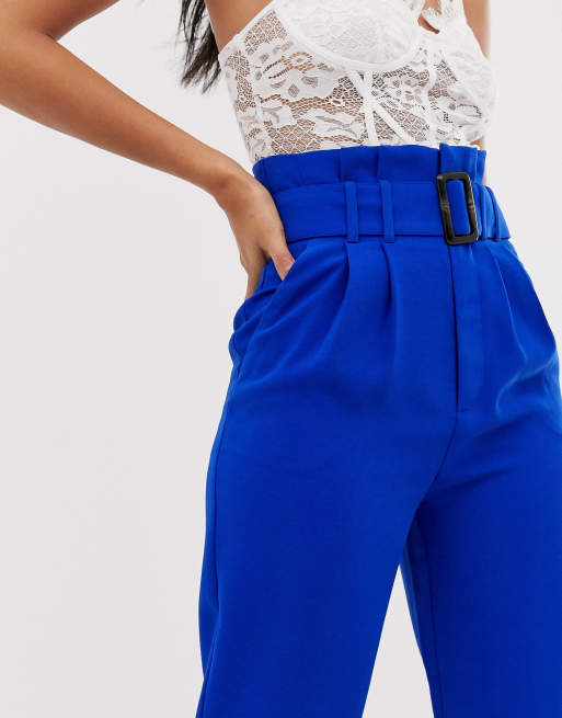 Stradivarius Pantalon taille haute fronc e avec ceinture Bleu