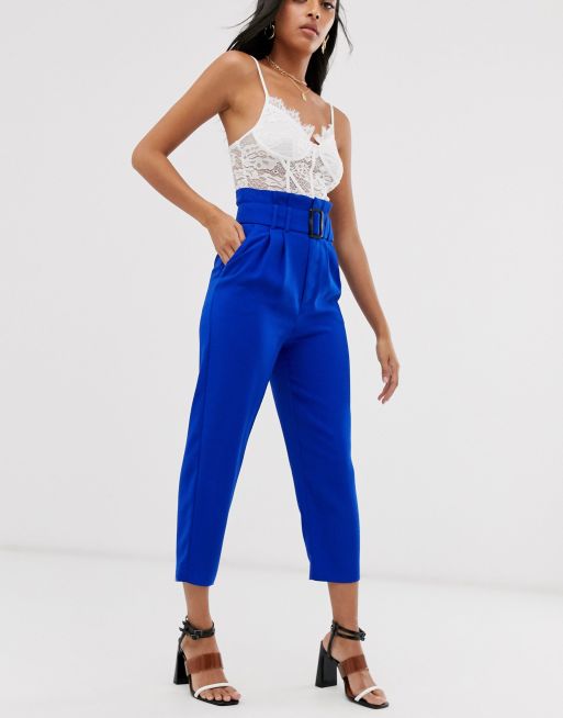 Stradivarius Pantalon taille haute fronc e avec ceinture Bleu