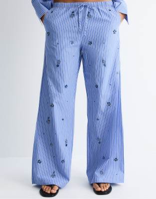 Pantalon brodé style pyjama - Bleu ciel S