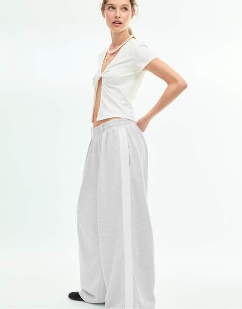Stradivarius pantalon de jogging large à bandes latérales gris chiné - view 1