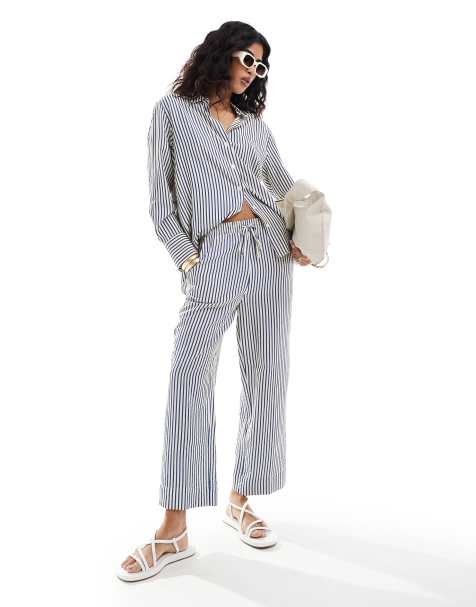 Stradivarius - Pantalon d'ensemble à enfiler en crépon - Rayures bleues - view 1