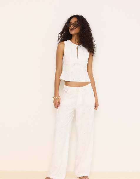 Stradivarius - Pantalon droit à broderies - Écru - view 1