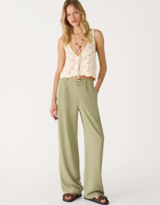 Stradivarius - Pantalon droit en lin mélangé - Kaki-Vert