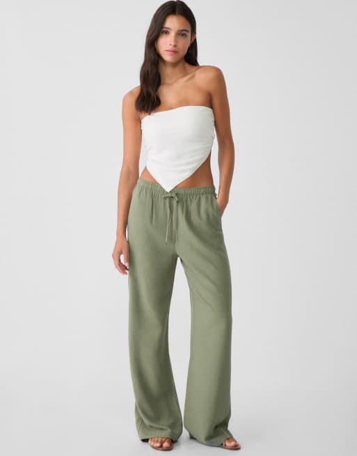 Stradivarius - Pantalon en lin mélangé - Kaki 