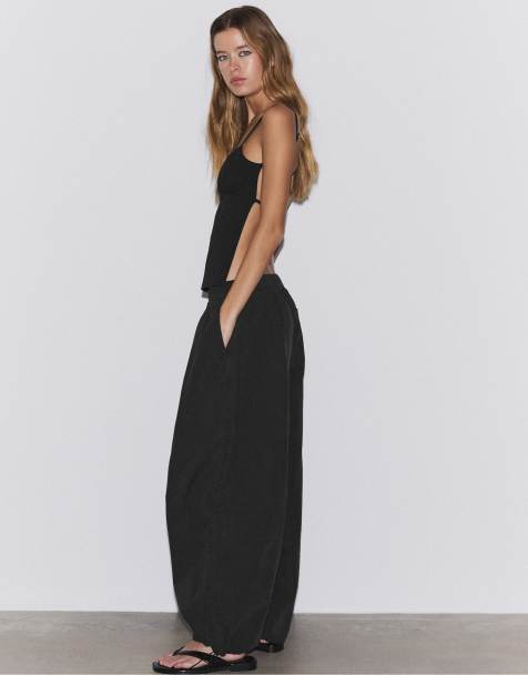 Stradivarius - Pantalon en popeline avec cordon de serrage - Noir - view 1
