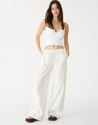 Stradivarius - Pantalon fluide brodé - Blanc
