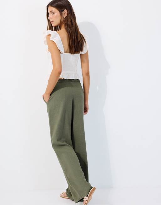 Stradivarius - Pantalon fluide en lin mélangé - Kaki, 3 de 7