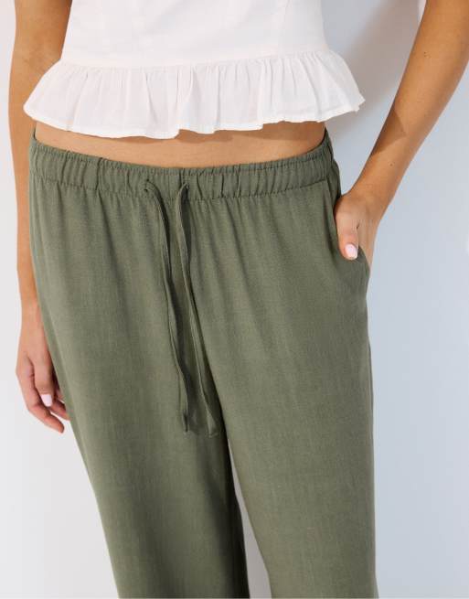Stradivarius - Pantalon fluide en lin mélangé - Kaki, 4 de 7