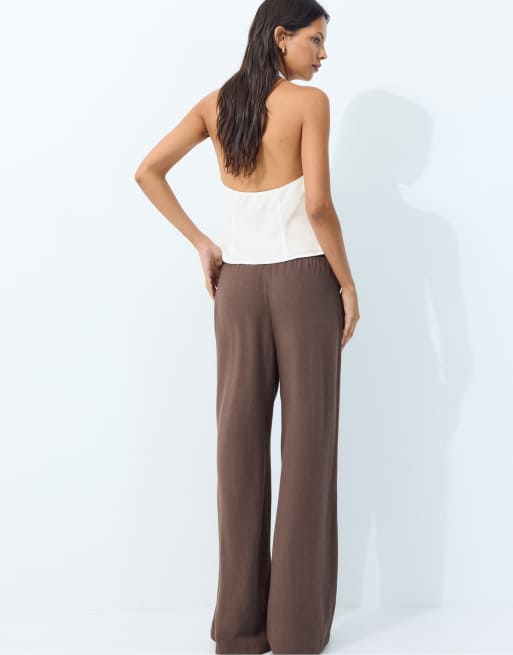Stradivarius - Pantalon fluide en lin mélangé - Marron, 3 de 7