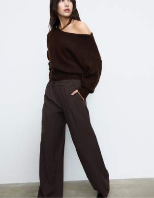 Stradivarius - Pantalon habillé coupe décontractée à rayures et taille croisée - Marron-Brown
