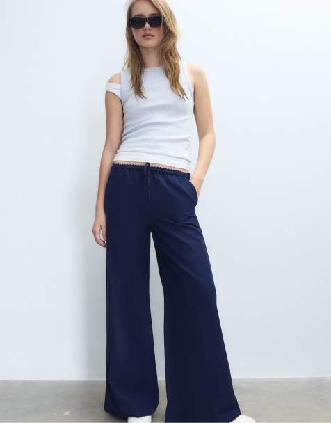 Stradivarius - Pantalon large effet lin - Bleu foncé - view 1