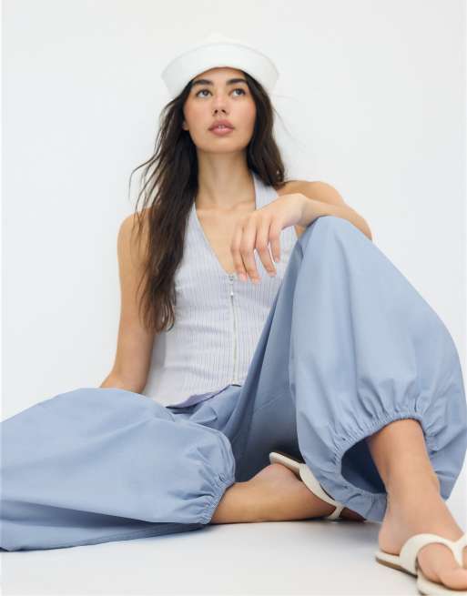 Stradivarius - Pantalon volumineux en popeline - Bleu ciel, 4 de 7