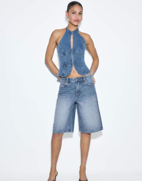 Stradivarius - Pantaloncini bermuda ampi in denim azzurro medio - view 1