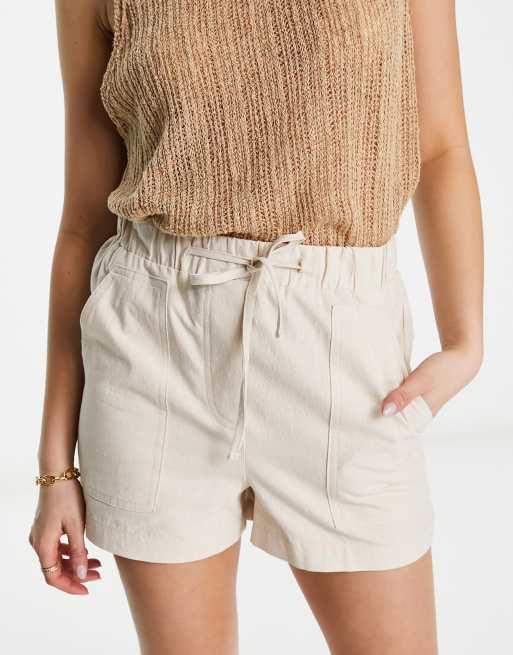 Stradivarius - Pantaloncini casual effetto lino tonalità naturale, 4 di 4
