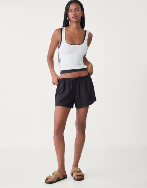 Stradivarius - Pantaloncini neri in misto lino con coulisse - view 1