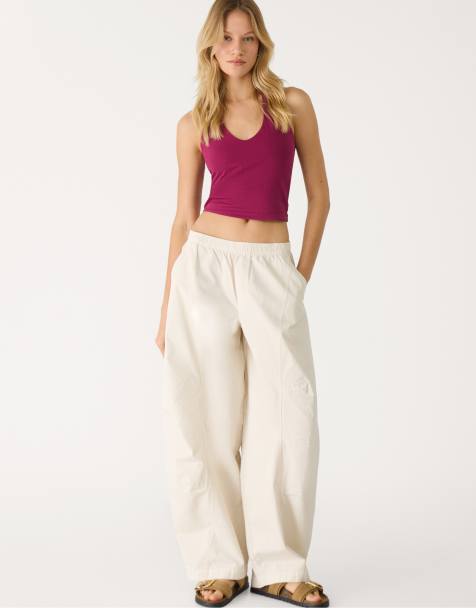 Stradivarius - Pantaloni a cilindro color vaniglia con cuciture a vista - view 1