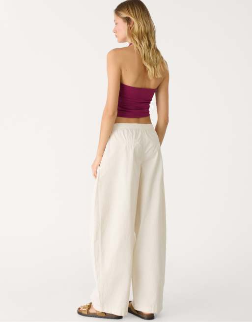 Stradivarius - Pantaloni a cilindro color vaniglia con cuciture a vista, 3 di 4