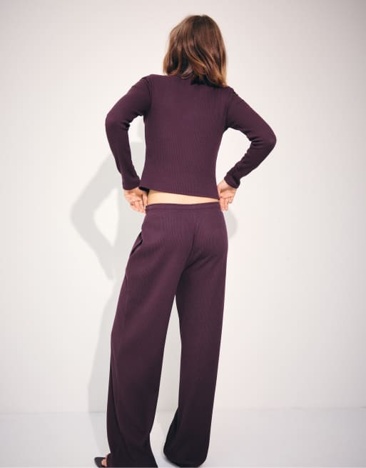 Stradivarius pantaloni a coste soft-touch color melanzana, 3 di 7