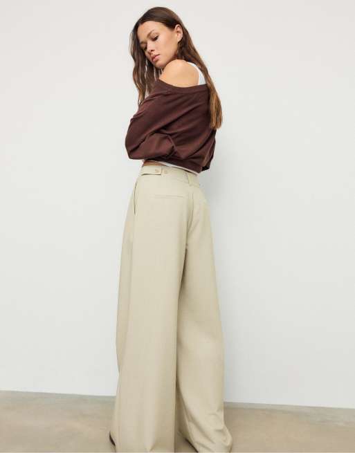 Stradivarius - Pantaloni a fondo super ampio regolabili color pietra, 2 di 4