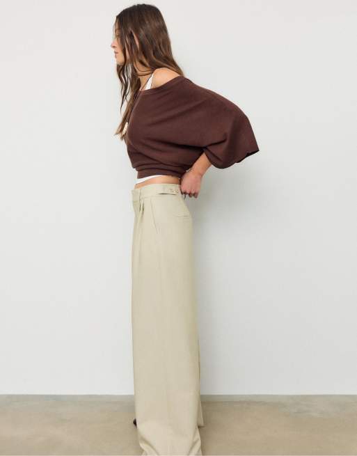 Stradivarius - Pantaloni a fondo super ampio regolabili color pietra, 4 di 4