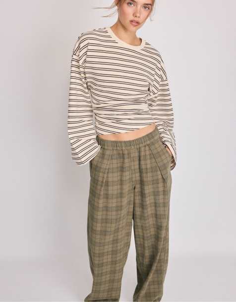 Stradivarius pantaloni a gamba dritta ampi a quadri beige - view 1