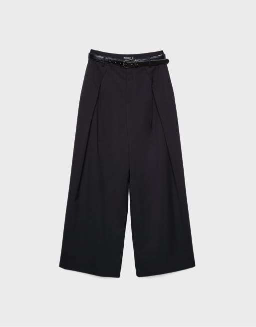 Stradivarius pantaloni a gamba larga con pince e cintura neri, 6 di 7