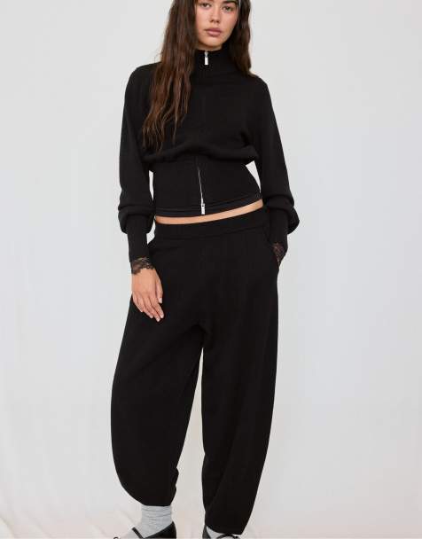 Stradivarius pantaloni barrel in maglia neri - view 1