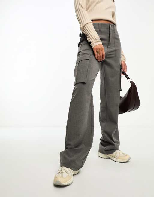 Stradivarius - Pantaloni cargo sartoriali grigi regolabili in vita 
