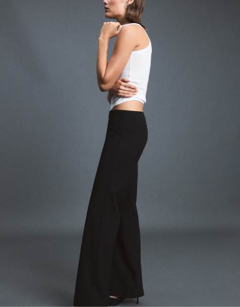 Stradivarius pantaloni dritti a righe con dettaglio fibbia neri - view 1