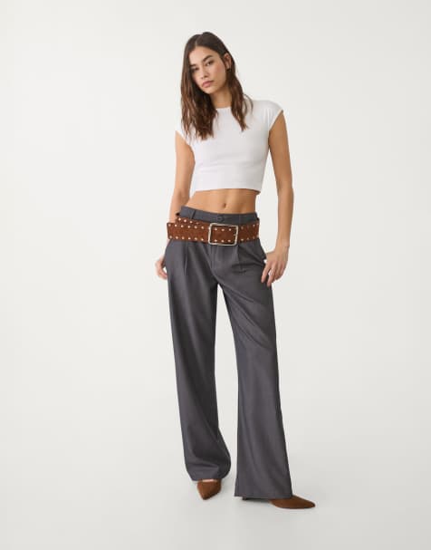 Stradivarius - Pantaloni dritti fluidi grigi con pinces - view 1