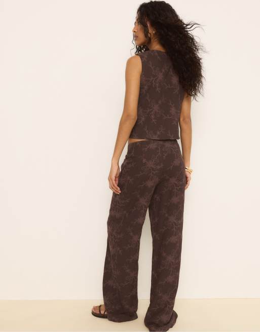 Stradivarius - Pantaloni dritti marroni ricamati, 4 di 4