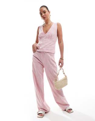 Stradivarius - Pantaloni dritti rosa pastello ricamati in misto lino - view 1