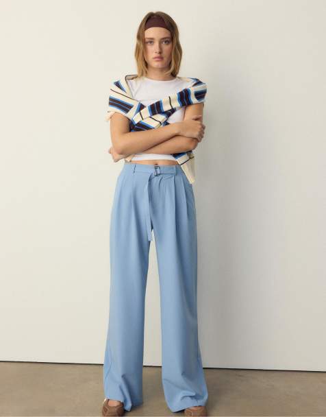 Stradivarius - Pantaloni eleganti a fondo ampio celesti con fibbia - view 1