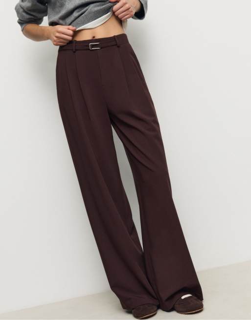 Stradivarius - Pantaloni eleganti a fondo ampio marroni con fibbia, 3 di 4