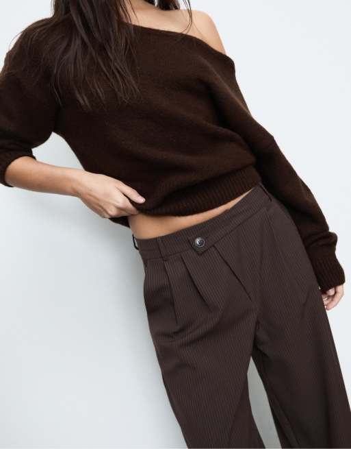 Stradivarius - Pantaloni eleganti a righe casual marroni con incrocio in vita, 4 di 4