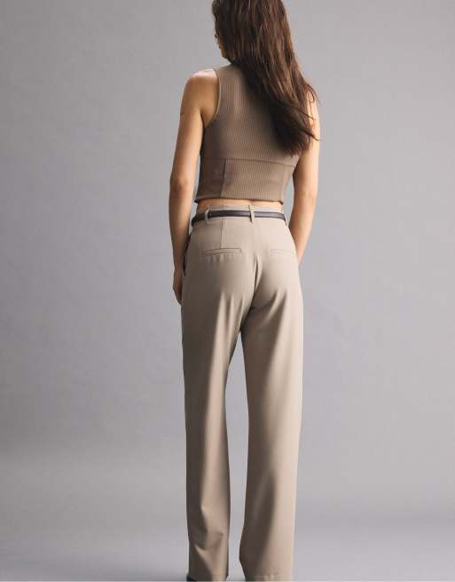 Stradivarius - Pantaloni eleganti fluidi marroni dritti con cintura, 3 di 7