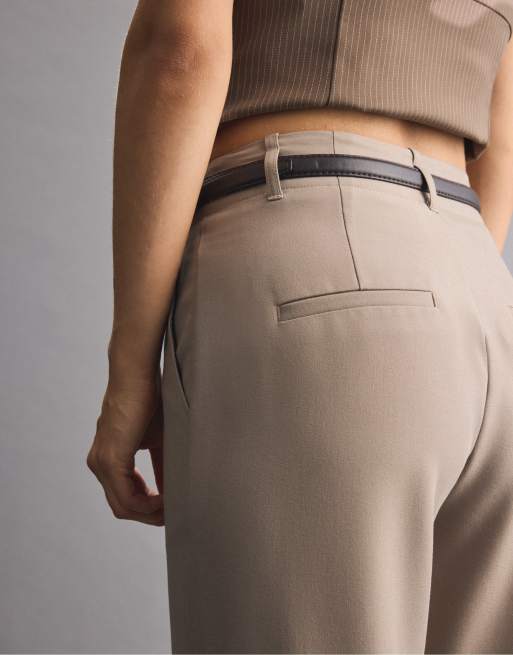 Stradivarius - Pantaloni eleganti fluidi marroni dritti con cintura, 4 di 7