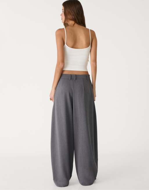 Stradivarius - Pantaloni eleganti larghi color grigio scuro con cuciture a vista, 2 di 4