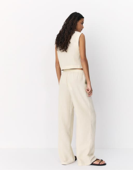 Stradivarius - Pantaloni fluidi color pietra con filo metallico, 4 di 4