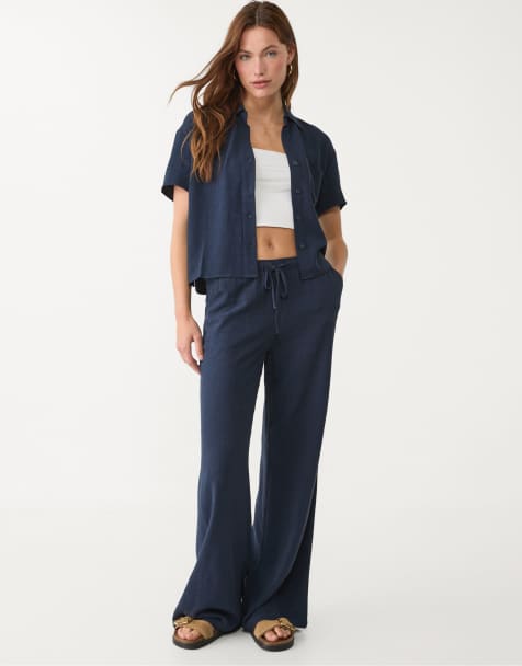 Stradivarius - Pantaloni in misto lino color blu scuro - view 1
