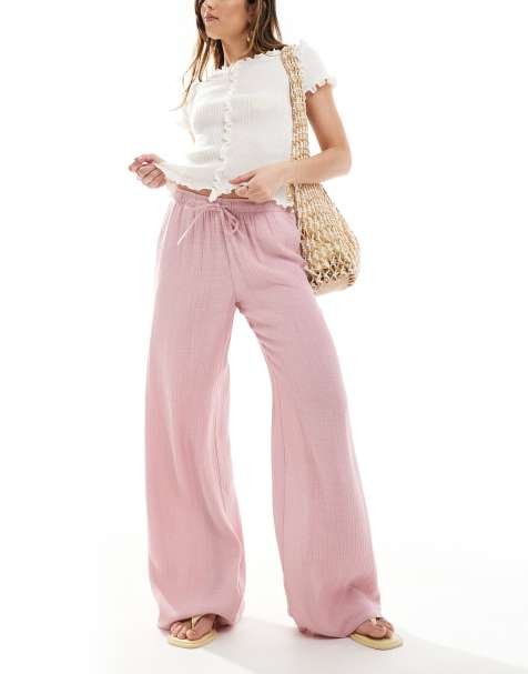 Stradivarius - Pantaloni in tessuto stropicciato effetto lino rosa - view 1