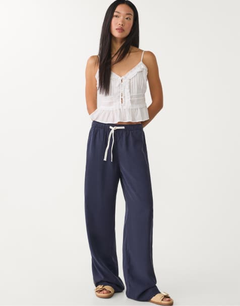 Stradivarius - Pantaloni larghi in lyocell color blu scuro - view 1