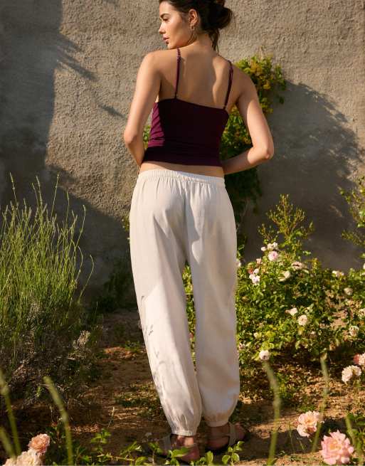 Stradivarius - Pantaloni sarouel bianchi effetto lino, 3 di 7