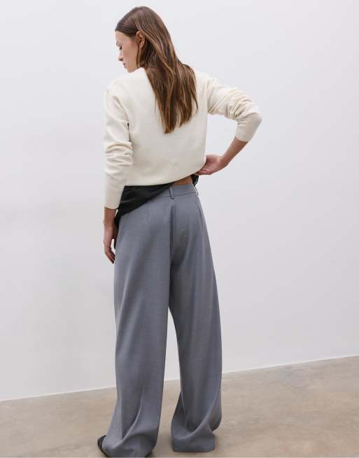Stradivarius - Pantaloni smart casual grigio scuro a righe con incrocio in vita, 3 di 4