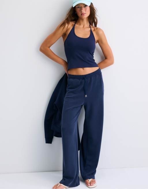 Stradivarius - Pantaloni stile palazzo blu scuro morbidi al tatto, 5 di 7