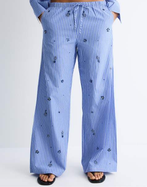 Stradivarius - Pantaloni stile pigiama ricamati blu celeste - view 1