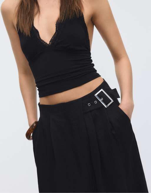 Stradivarius - Pantaloni vaporosi neri con fibbia, 4 di 4